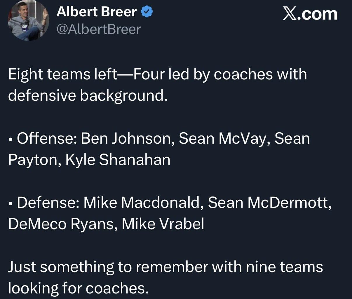 For the anti-defensive HC crowd: Eight teams left (in the playoffs) - Four led by coaches with defensive background.