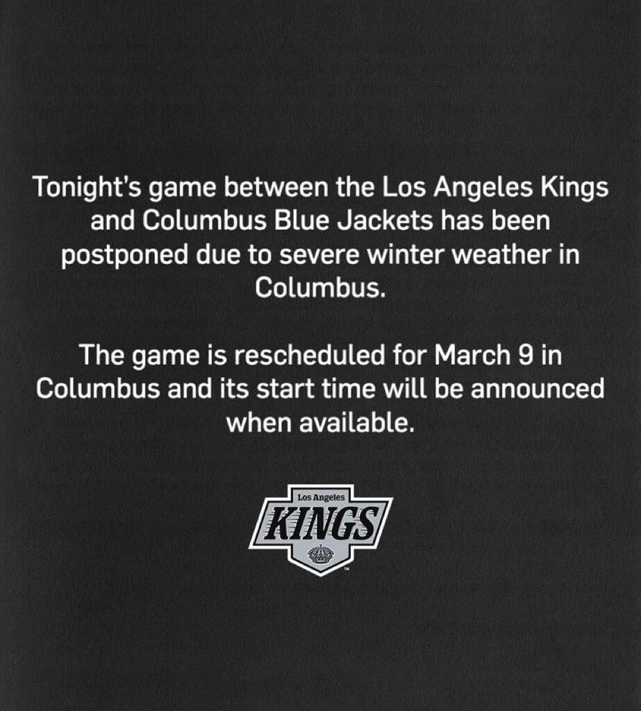 Tonight’s game in Columbus has been postponed due to weather