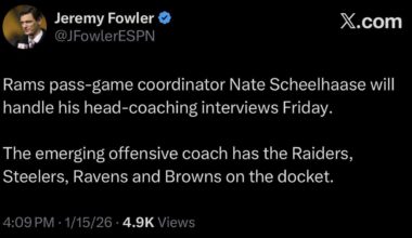 [Jeremy Fowler] Rams pass-game coordinator Nate Scheelhaase will handle his head-coaching interviews Friday. The emerging offensive coach has the Raiders, Steelers, Ravens and Browns on the docket.