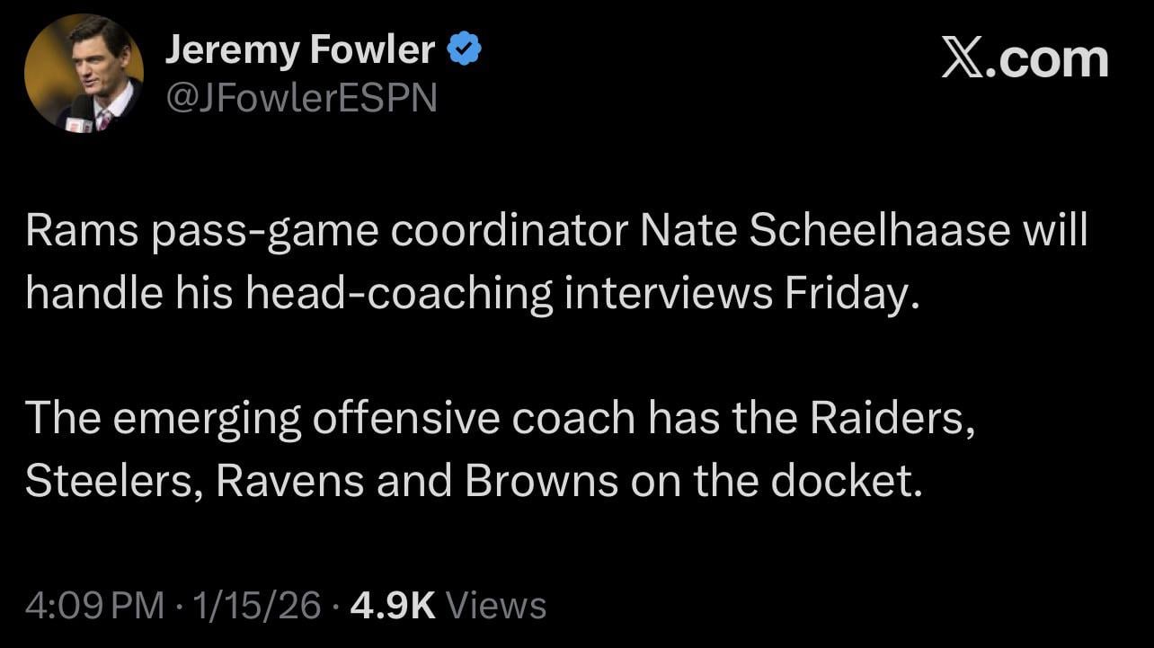 [Jeremy Fowler] Rams pass-game coordinator Nate Scheelhaase will handle his head-coaching interviews Friday. The emerging offensive coach has the Raiders, Steelers, Ravens and Browns on the docket.