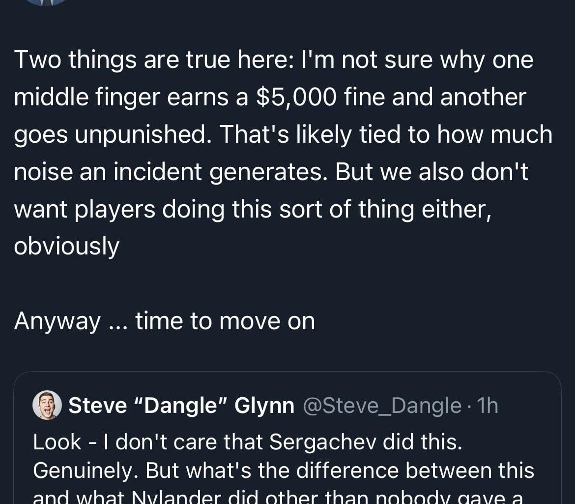 [Chris Johnston] Two things are true here: I'm not sure why one middle finger earns a $5,000 fine and another goes unpunished. That's likely tied to how much noise an incident generates. But we also don't want players doing this sort of thing either, obviously. Anyway ... time to move on