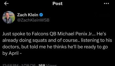 [Klein] Just spoke to Falcons QB Michael Penix Jr... He's already doing squats and of course.. listening to his doctors, but told me he thinks he'll be ready to go by April
