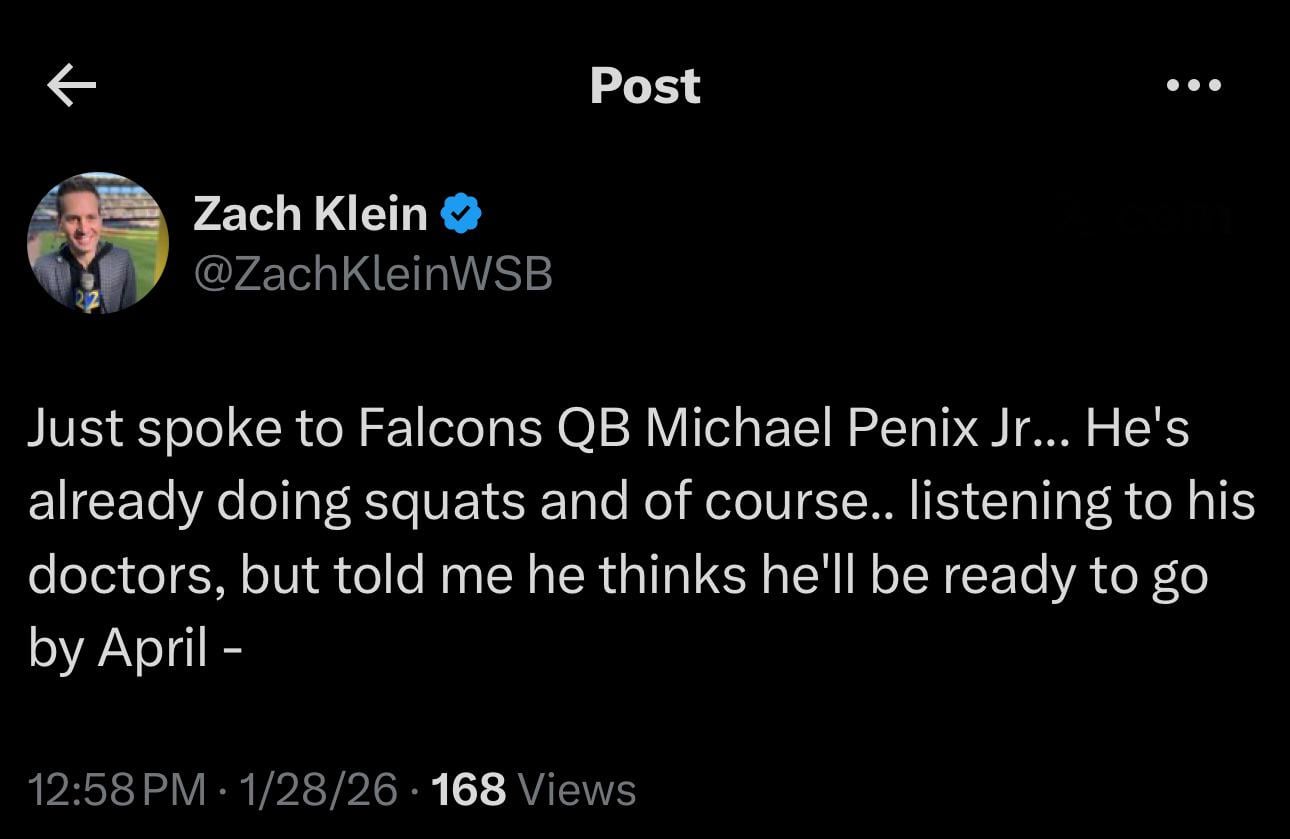 [Klein] Just spoke to Falcons QB Michael Penix Jr... He's already doing squats and of course.. listening to his doctors, but told me he thinks he'll be ready to go by April