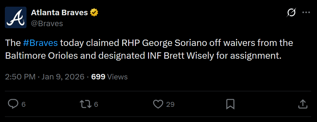 [Braves] The #Braves today claimed RHP George Soriano off waivers from the Baltimore Orioles and designated INF Brett Wisely for assignment.