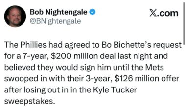 [Nightengale] The Phillies had agreed to Bo Bichette’s request for a 7-year, $200 million deal last night and believed they would sign him until the Mets swooped in with their 3-year, $126 million offer after losing out in in the Kyle Tucker sweepstakes.