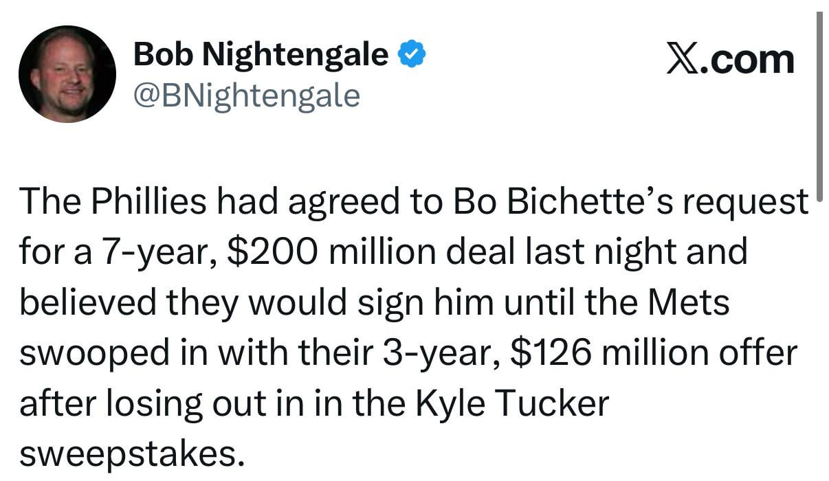 [Nightengale] The Phillies had agreed to Bo Bichette’s request for a 7-year, $200 million deal last night and believed they would sign him until the Mets swooped in with their 3-year, $126 million offer after losing out in in the Kyle Tucker sweepstakes.