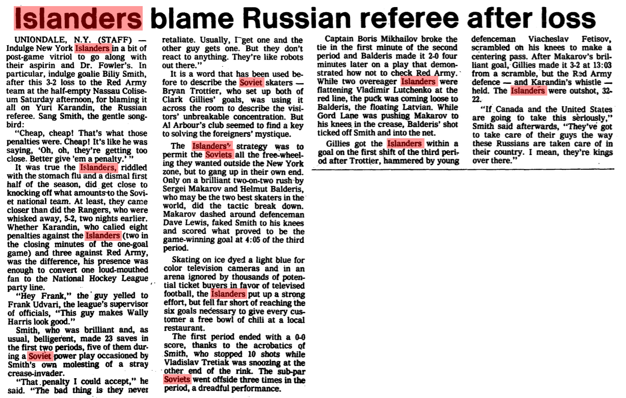 On this day 50 years ago, the Soviet Union's Krylya Sovetov Moscow (Soviet Wings) hockey club defeated the Islanders 2-1 in game 7 of Super Series '76.