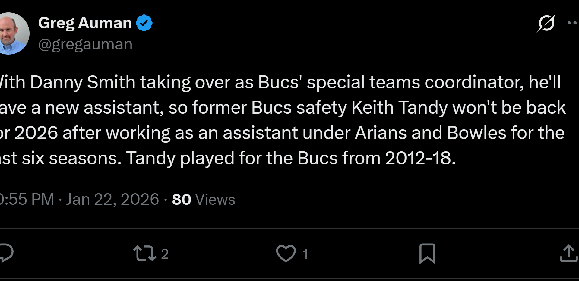 [Greg Auman] With Danny Smith taking over as Bucs' special teams coordinator, he'll have a new assistant, so former Bucs safety Keith Tandy won't be back for 2026 after working as an assistant under Arians and Bowles for the last six seasons. Tandy played for the Bucs from 2012-18.