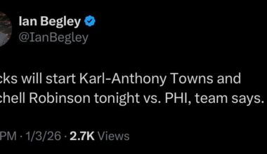 [Begley] Knicks will start Karl-Anthony Towns and Mitchell Robinson tonight vs. PHI, team says.