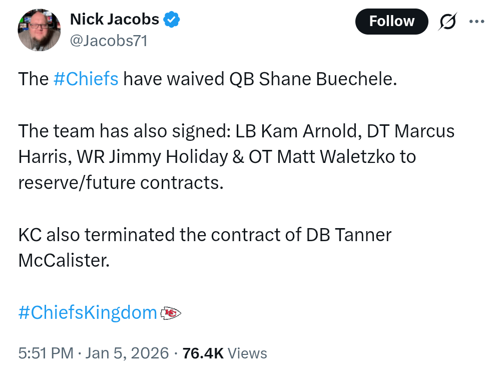 [Jacobs] The Chiefs have waived QB Shane Buechele, signed LB Kam Arnold, DT Marcus Harris, WR Jimmy Holiday, & OT Matt Waletzko to reserve/future contracts, and terminated the contract of DB Tanner McCalister.