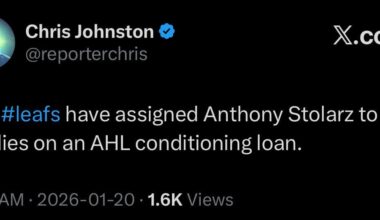 [Johnston] The Leafs have assigned Anthony Stolarz to the Marlies on an AHL conditioning loan.