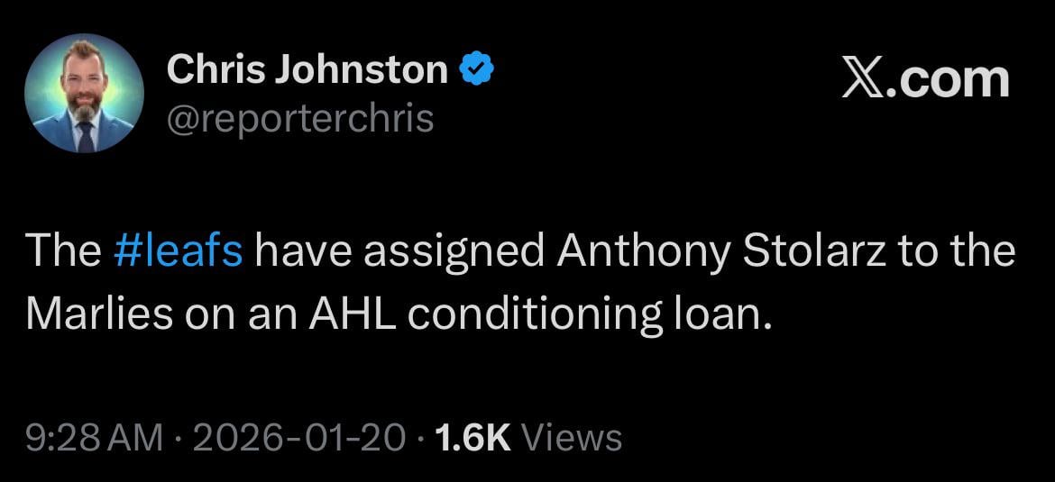 [Johnston] The Leafs have assigned Anthony Stolarz to the Marlies on an AHL conditioning loan.