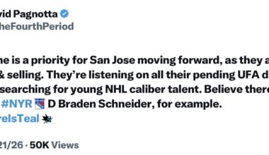 [Pagnotta] The blueline is a priority for San Jose moving forward, as they are open to buying & selling. They’re listening on all their pending UFA dmen, while also searching for young NHL caliber talent. Believe there’s interest in NYR D Braden Schneider, for example.