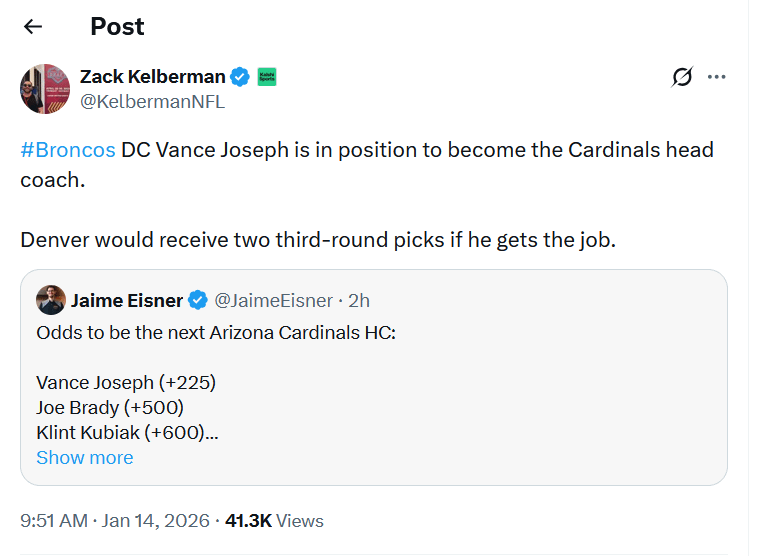 [Kelberman] Broncos DC Vance Joseph is in position to become the Cardinals head coach. Denver would receive two third-round picks if he gets the job.