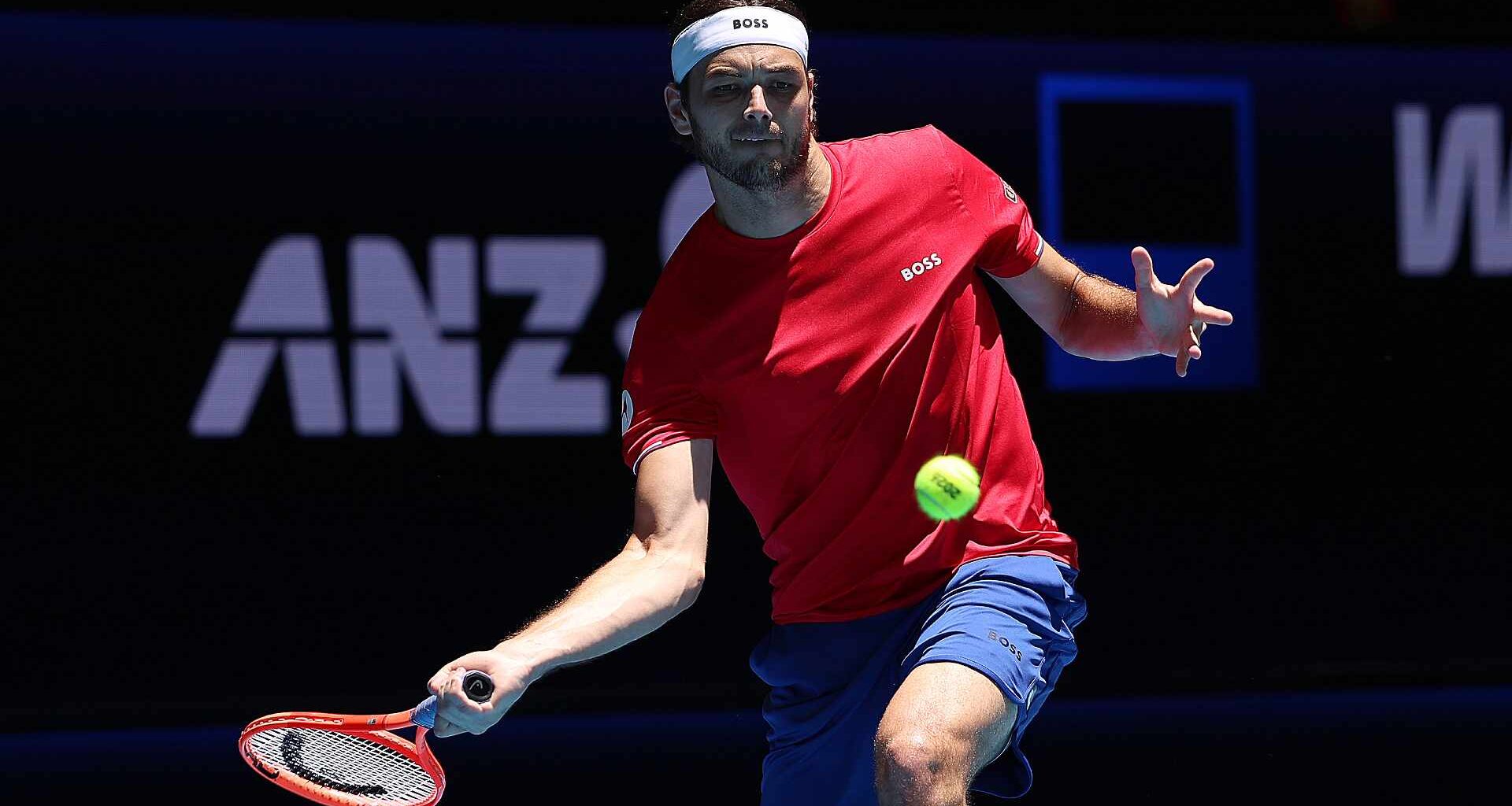 Taylor Fritz in action on Monday at the United Cup in Perth.