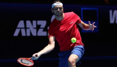 Taylor Fritz in action on Monday at the United Cup in Perth.