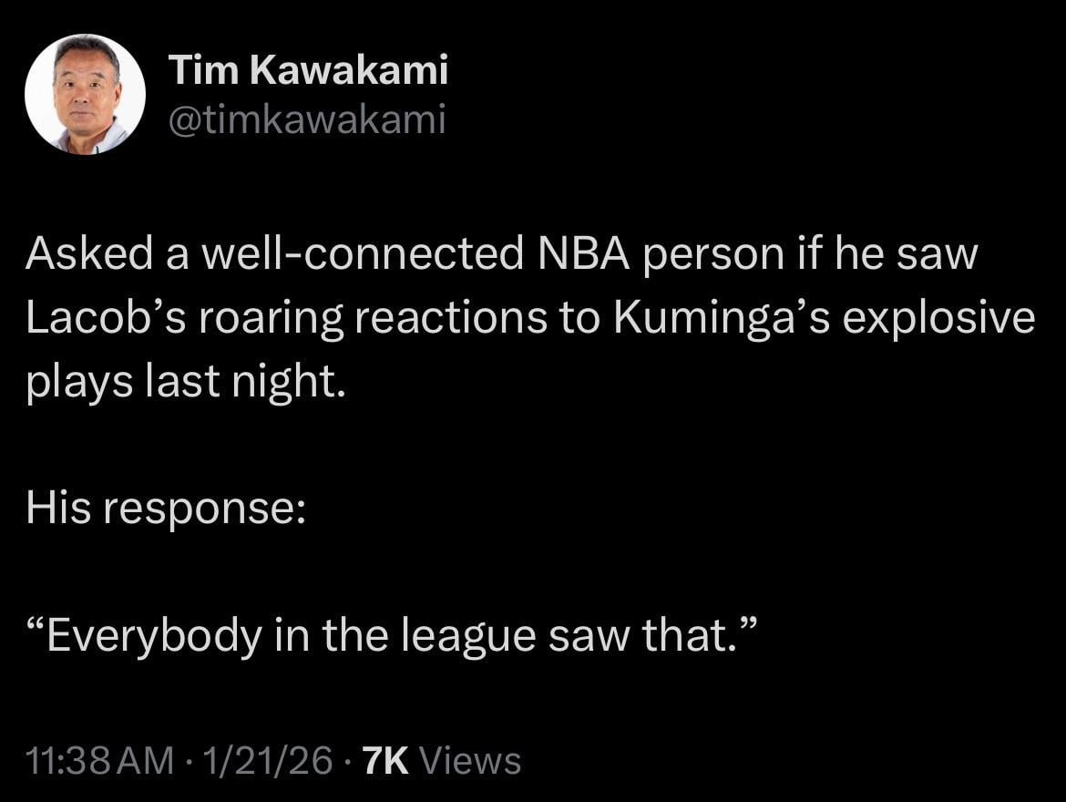 [Kawakami] Asked a well-connected NBA person if he saw Lacob’s roaring reactions to Kuminga’s explosive plays last night. His response: “Everybody in the league saw that.”