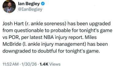 [Begley] Josh Hart has been upgraded from questionable to probable for tonight's game vs POR, per latest NBA injury report. Miles McBride has been downgraded to doubtful for tonight's game.