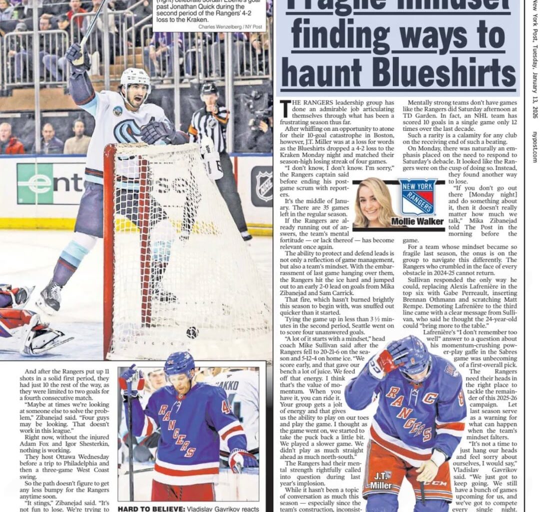 Today's New York Post regarding the Rangers