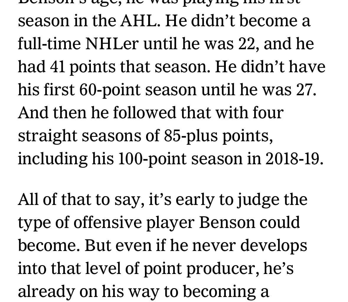Perspective on Benson’s offensive development vs Brad Marchand’s from The Athletic