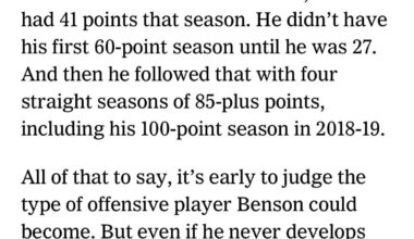 Perspective on Benson’s offensive development vs Brad Marchand’s from The Athletic