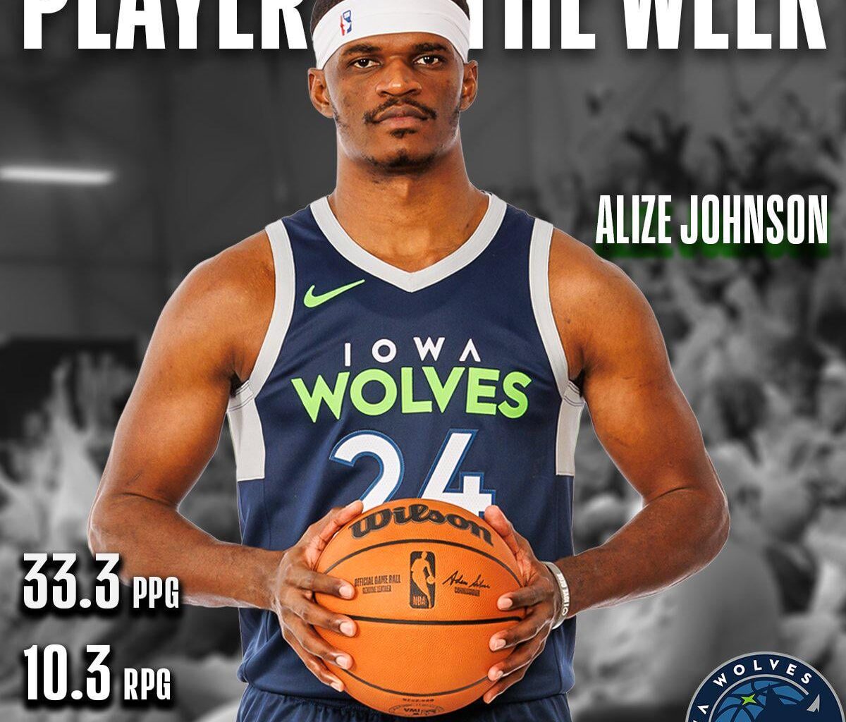 [NBA Communications] Iowa Wolves forward Alize Johnson has been named the NBA G League Player of the Week for games played Monday, Jan. 12 through Sunday, Jan. 18.