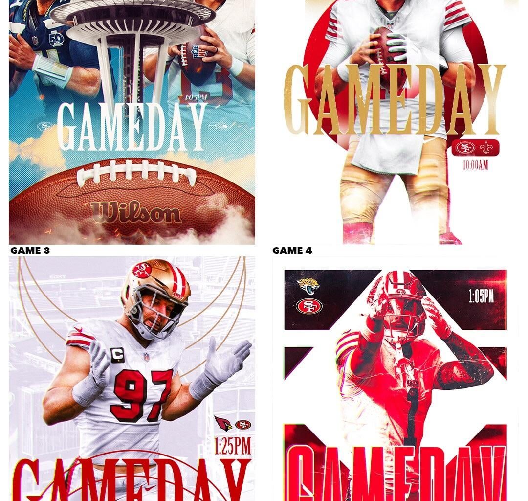 All my 49ers gameday graphics from the 25’ 26’ szn! See you all on Sunday 11th!