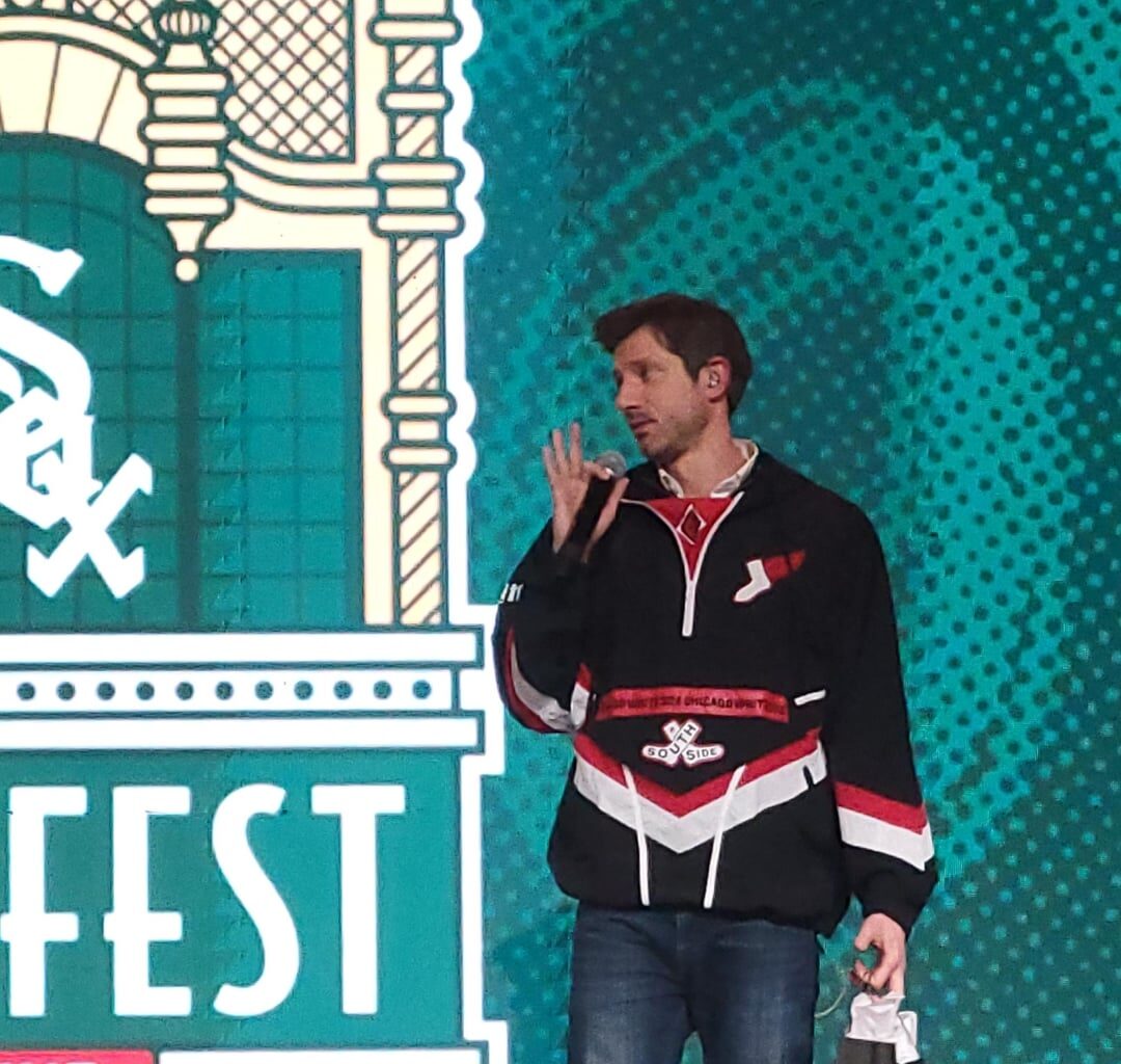 Connor McKnight modeling 90s City Connect Jacket promo at SoxFest