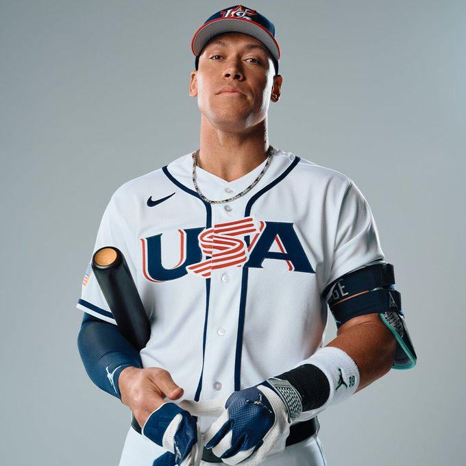 Aaron Judge posing in his Team USA jersey as a part of the MLB The Show 26 cover shoot