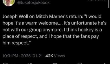 [Fox] Joseph Woll on Mitch Marner's return: "I would hope it's a warm welcome.... It's unfortunate he's not with our group anymore. I think hockey is a place of respect, and I hope that the fans pay him respect."