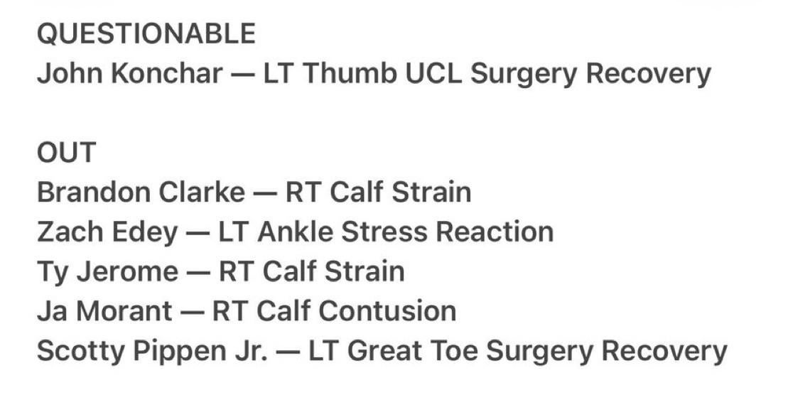 Injury Report for tomorrow: Konch might be back
