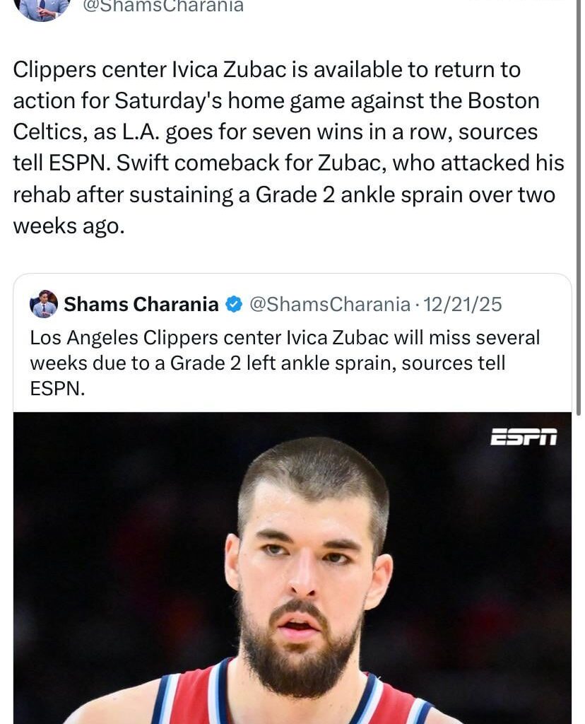 [Shams] Clippers center Ivica Zubac is available to return to action for Saturday's home game against the Boston Celtics, as L.A. goes for seven wins in a row, sources tell ESPN. Swift comeback for Zubac, who attacked his rehab after sustaining a Grade 2 ankle sprain over two weeks ago.