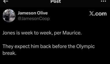 [Jameson Olive] Jones is week to week, per Maurice. They expect him back before the Olympic break.