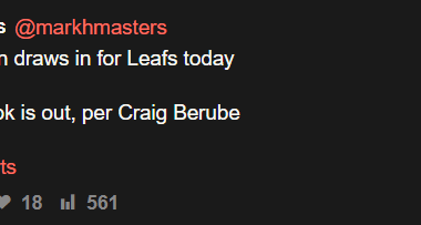 [Masters] Jacob Quillan draws in for Leafs today. Calle Jarnkrok is out, per Craig Berube