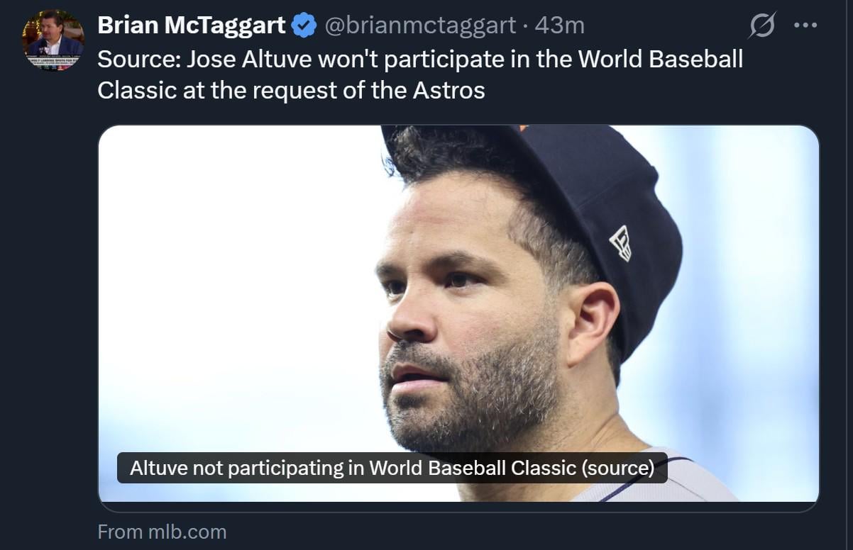 Jose Altuve won't participate in the World Baseball Classic at the request of the Astros