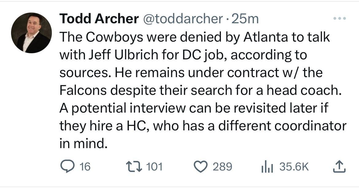 [Archer] The Cowboys were denied by Atlanta to talk with Jeff Ulbrich for DC job
