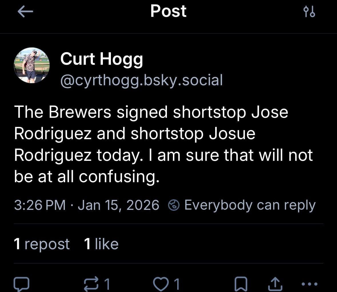 [Curt Hogg] The Brewers signed shortstop Jose Rodriguez and shortstop Josue Rodriguez today