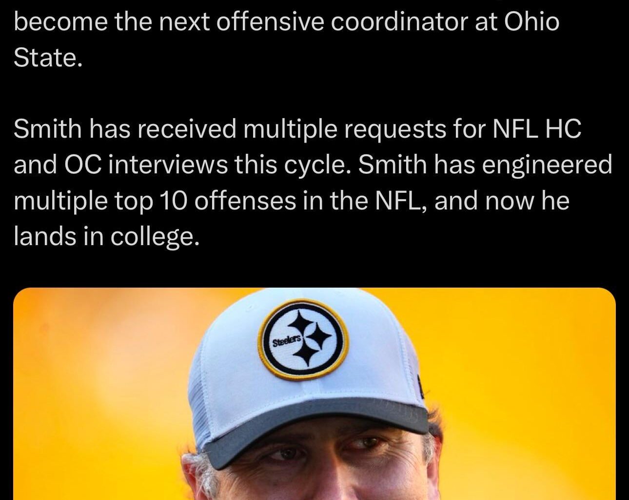 [Rapoport] Sources: #Steelers OC Arthur Smith is expected to become the next offensive coordinator at Ohio State.