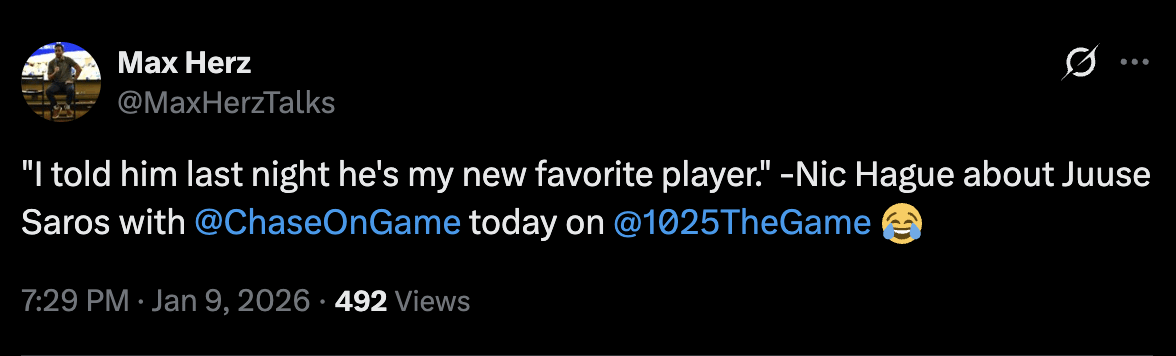 [Herz] "I told him last night he's my new favorite player." - Nic Hague about Juuse Saros