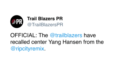 OFFICIAL: The @trailblazers have recalled center Yang Hansen from the @ripcityremix.