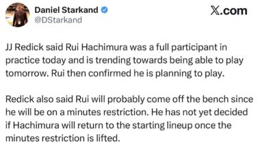 JJ says Rui is trending towards playing on Monday. He will be coming off the bench on a minutes restriction. No decision on whether he will be benched long-term