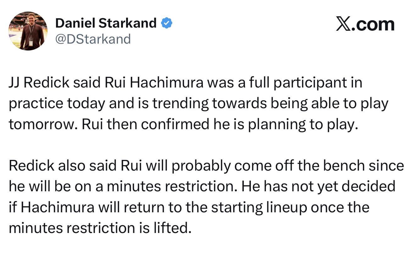 JJ says Rui is trending towards playing on Monday. He will be coming off the bench on a minutes restriction. No decision on whether he will be benched long-term
