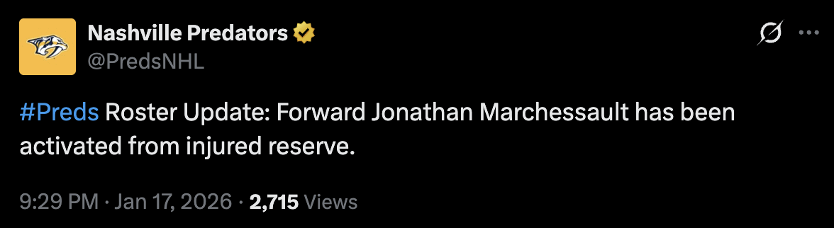 [Nashville Predators] Roster Update: Forward Jonathan Marchessault has been activated from injured reserve.