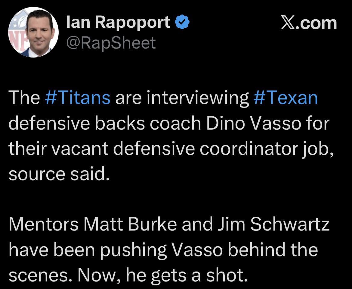 Titans interview our DB coach Dino Vasso for their DC role