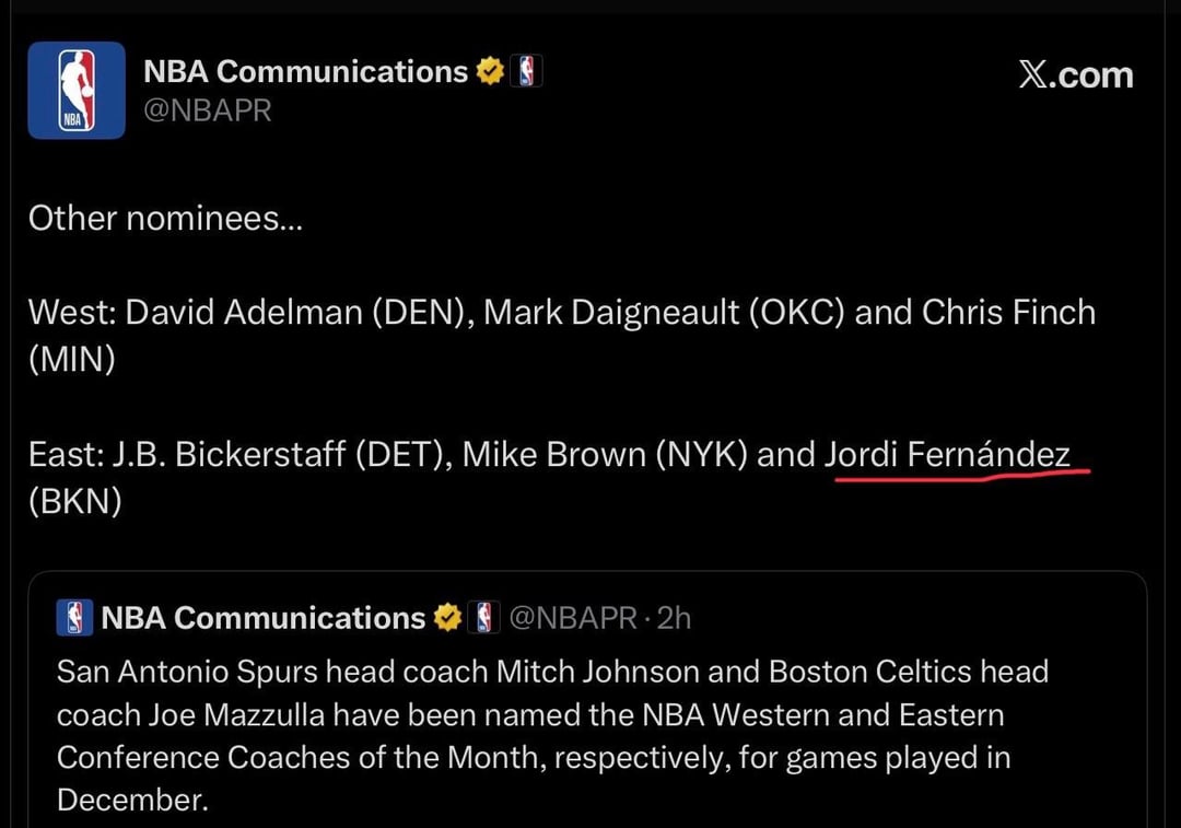 Jordi Fernandez, Michael Porter JR and Egor Dëmin were nominees for Coach, Eastern Conference Player and Rookie Of The Month for December
