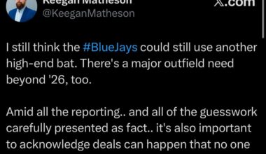 [Matheson] I still think the #BlueJays could still use another high-end bat. There's a major outfield need beyond '26, too. Amid all the reporting.. and all of the guesswork carefully presented as fact.. it's also important to acknowledge deals can happen that no one expects, like Giménez.