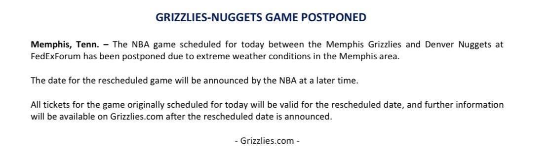 Grizzlies PR announced the following update for today’s Grizzlies-Nuggets game: