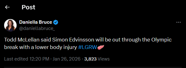 [Daniella Bruce] Per Todd McLellan - Simon Edvinsson out through the Olympic break with lower body injury