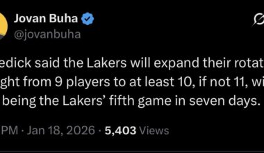 [Buha] JJ Redick said the Lakers will expand their rotation tonight from 9 players to at least 10, if not 11, with this being the Lakers’ fifth game in seven days.