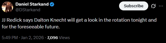 JJ says Dalton Knecht will get a look in the rotation tonight and for the foreseeable future